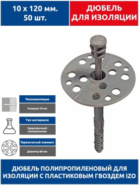 Дюбель для изоляции 10х120 мм. 50 шт. с пластиковым гвоздем