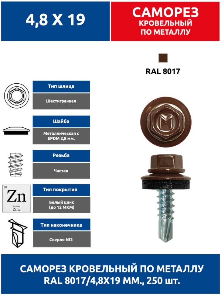 Саморез по металлу 4,8х19 мм. 250 шт